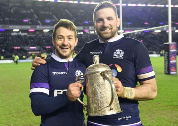 Greig Laidlaw and John Barclay show their delight with the Calcutta Cup after Scotlands victory over England at Murrayfield in 2018. Picture: SNS.