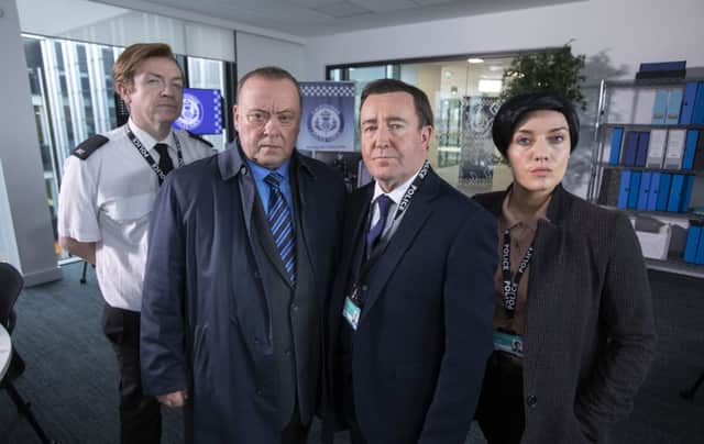 Mark Cox as a senior uniformed officer, Alex Norton as Taggart's DI Burke, Jonathan Watson as Line of Duty's DS Steve Arnott, Joy McAvoy as Line of Duty's DI Kate Fleming. Picture: Comedy Unit/BBC
