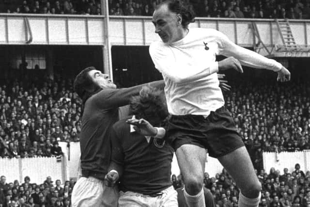 Spurs' Alan Gilzean soars above Leicester goalkeeper Peter Shilton. Picture: Evening Standard/Getty