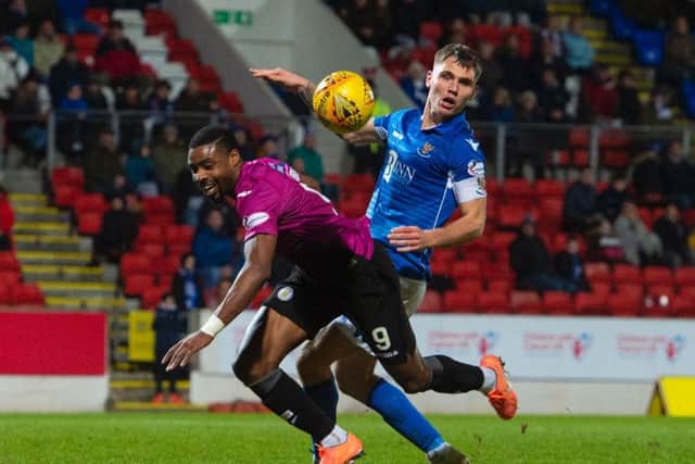 St Mirrens Jon Obika is challenged by Jason Kerr.