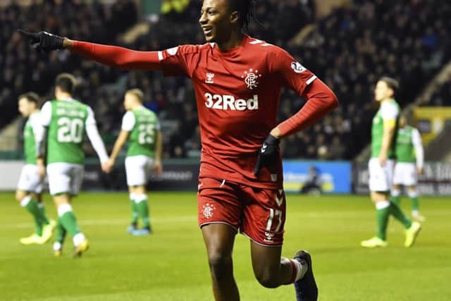 Joe Aribo celebrates scoring in Rangers 3-0 win over Hibs at Easter Road on Friday night. Picture: Rob Casey/SNS