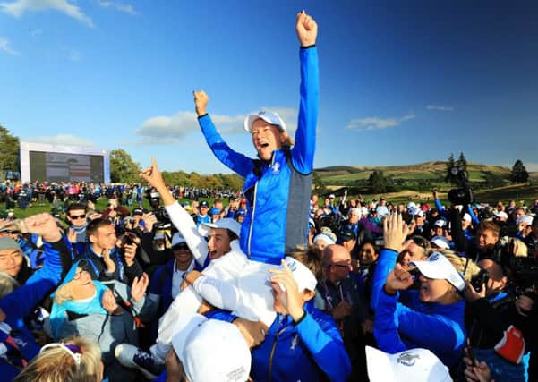 Europe captain Catriona Matthew is hoisted onto her players' shoulders to celebrate Solheim Cup victory at Gleneagles. Picture: David Cannon/Getty Images