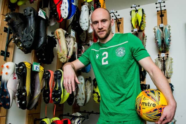David Gray in the boot room at Hibs East Mains training complex ahead of the Boxing Day clash with Hearts. Picture: SNS.