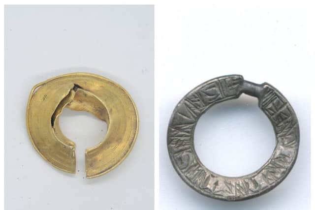 2019 finds made by metal detectorists include this gold decorated ring, dating to the Late Bronze Age, which could be up to 3,000 years old (left), and a silver brooch used to ward off bad luck in the 13th Century. PIC: Crown Copyright.
