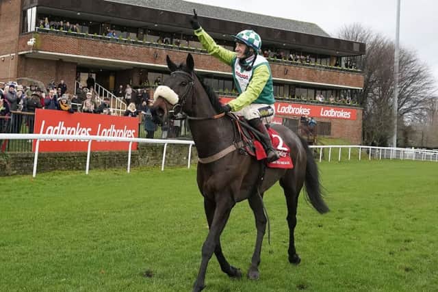 Sam Twiston-Davies celebrates guiding Clan Des Obeaux home. Picture; Alan Crowhurst/Getty