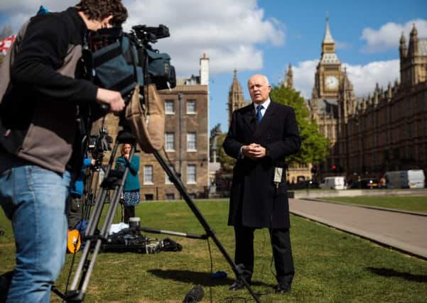 Iain Duncan Smith talks to the media on College Green outside the Houses of Parliament. Picture: Jack Taylor/Getty