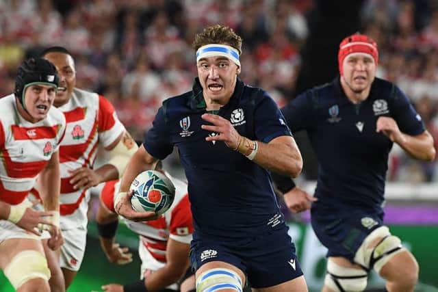 Flanker Jamie Ritchie runs with the ball during Scotland's World Cup defeat by Japan, arguably the best game of the tournament. Picture: William West/AFP via Getty Images