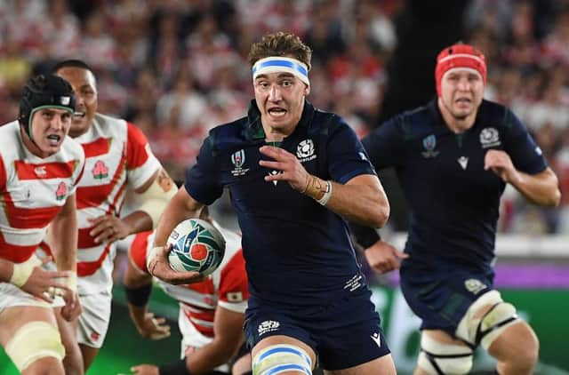 Flanker Jamie Ritchie runs with the ball during Scotland's World Cup defeat by Japan, arguably the best game of the tournament. Picture: William West/AFP via Getty Images