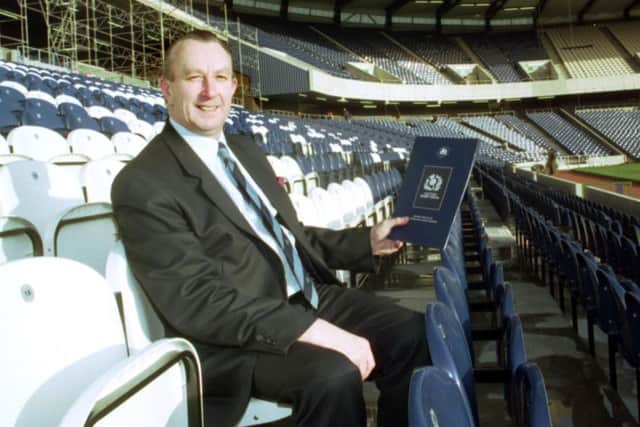 Fred McLeod sitting in the newly refurbished stands at Murrayfield in January 1993.