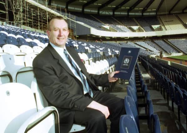 Fred McLeod sitting in the newly refurbished stands at Murrayfield in January 1993.