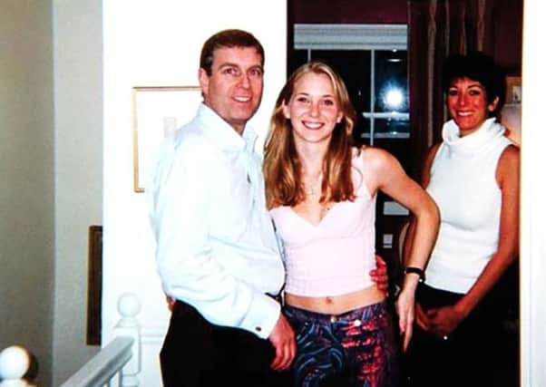 Prince Andrew, Virginia Roberts, aged 17, and Ghislaine Maxwell in London in 2001. Picture: Shutterstock