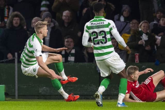 Celtic's Kristoffer Ajer claims Aberdeen's Sam Cosgrove's challenge could have ended his season. Picture: Craig Williamson / SNS Group