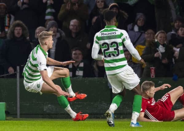 Celtic's Kristoffer Ajer claims Aberdeen's Sam Cosgrove's challenge could have ended his season. Picture: Craig Williamson / SNS Group