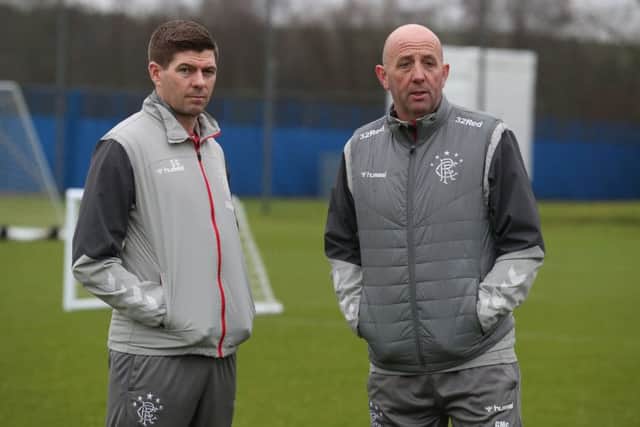 Rangers manager Steven Gerrard and assistant Gary McAllister. Picture: Andrew Milligan/PA Wire