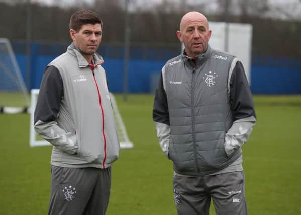 Rangers manager Steven Gerrard and assistant Gary McAllister. Picture: Andrew Milligan/PA Wire