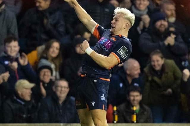 Edinburgh wing Darcy Graham celebrates his match-sealing second try. Picture: SRU/SNS