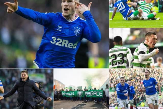 Clockwise from main: Kent celebrates his goal; Morelos and Brown tussle; McGregor equalises; Katic wheels away after netting the winner; the Green Brigade and Steven Gerrard at full time