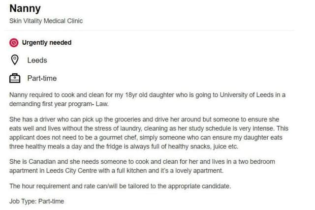 The job listing was posted two days ago by a concerned parent whose daughter is a law undergraduate at the University of Leeds. Picture: SWNS