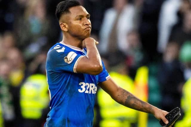 Alfredo Morelos gestures as he comes off the pitch at Celtic Park on Sunday. Picture: SNS