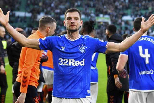 Borna Barisic celebrates Rangers' win over Celtic. Picture: Rob Casey / SNS