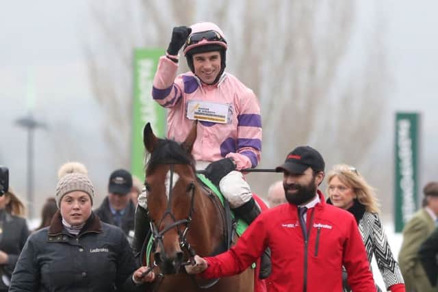 Harry Skelton celebrates his victory on Oldgrangewood. Picture: PA.
