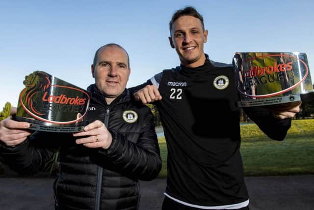 Edinburgh City manager James McDonaugh, left, and defender Liam Henderson receive their Ladbrokes League 2 Manager and Player of the Month awards for December. Picture: Craig Williamson/SNS