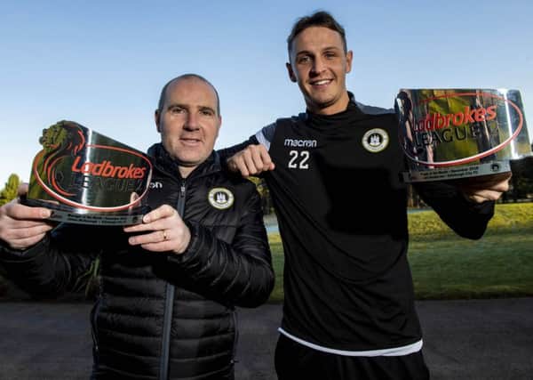 Edinburgh City manager James McDonaugh, left, and defender Liam Henderson receive their Ladbrokes League 2 Manager and Player of the Month awards for December. Picture: Craig Williamson/SNS