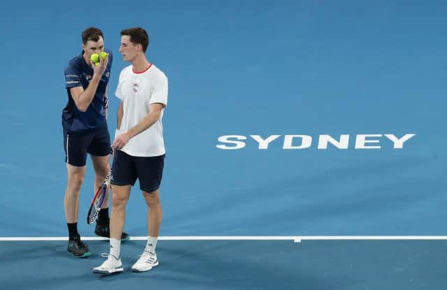 Jamie Murray and Joe Salisbury of Great Britain in action during their doubles match against Gregor Dimitrov and Alexander Lazarov of Bulgaria on day one of the ATP Cup Group Stage at Ken Rosewall Arena in Sydney. Picture: Mark Metcalfe/Getty