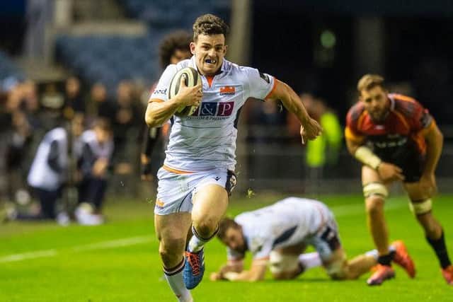 Centre Matt Scott runs in Edinburgh's third try of nine in a convincing win at BT Murrayfield. Picture: SRU/SNS