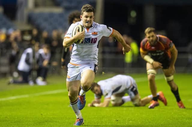 Matt Scott breaks away to score Edinburgh's third of nine tries in the thumping victory over Southern Kings. Picture: Ross Parker/SNS/SRU
