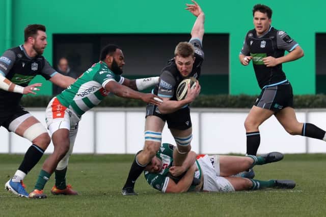 Powerful Glasgow blindside flanker Bruce Flockhart, who played the whole 80 minutes, makes a big impression for the visitors. Picture: David Gibson/Fotosport/Shutterstock