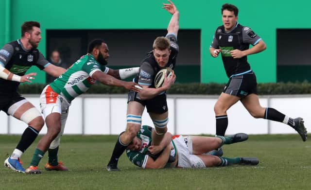 Powerful Glasgow blindside flanker Bruce Flockhart, who played the whole 80 minutes, makes a big impression for the visitors. Picture: David Gibson/Fotosport/Shutterstock