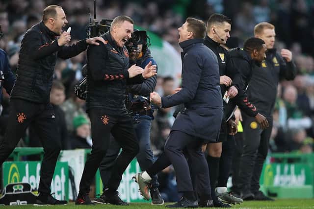 Steven Gerrard roars in delight as the final whistle seals Rangers 2-1 victory over Celtic in the recent Old Firm clash. Picture: Getty.