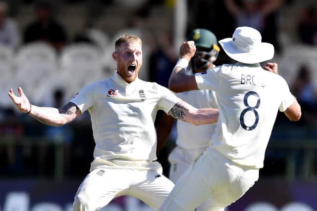 Ben Stokes celebrates taking the wicket of South Africa's Anrich Nortje. Picture; Ashley Vlotman/Gallo Images/Getty