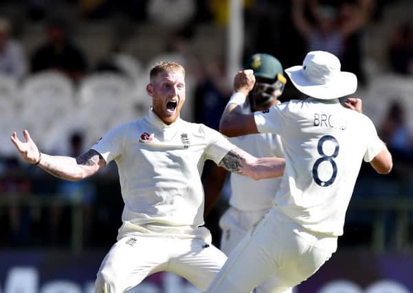 Ben Stokes celebrates taking the wicket of South Africa's Anrich Nortje. Picture; Ashley Vlotman/Gallo Images/Getty