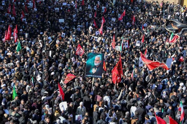 Iranian mourners gather during the final stage of funeral processions for top general Qasem Soleimani in his hometown Kerman. Picture: Getty