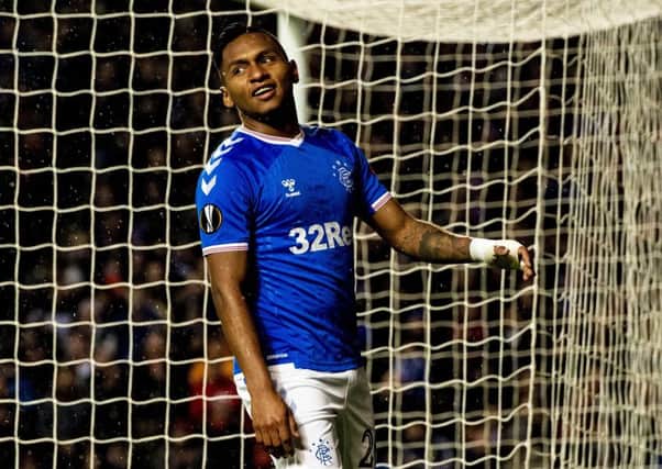 Alfredo Morelos celebrates his goal against Young Boys at Ibrox last month