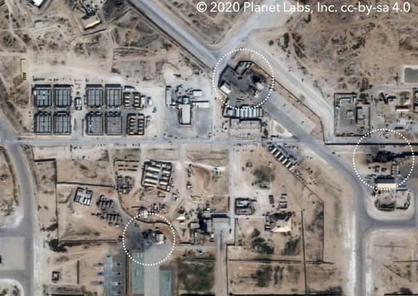 An aerial photograph of Ain al-Asad Airbase after Irans missile attack with rings showing impact sites. President Trump said no Americans, Iraqis or other allied troops were killed in the raid. Picture: PA