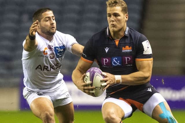 Duhan Van der Merwe on the charge for Edinburgh during the 16-16 draw with Bordeaux Begles at BT Murrayfield in November. Picture: Gary Hutchison / SNS