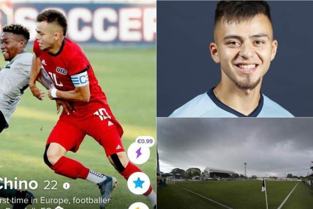 Clockwise from left: Jesus Perez's Tinder profile, a picture of the player during his time at UIC Flames and Dundalk's Oriel Park home