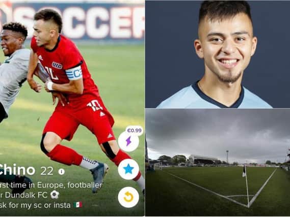 Clockwise from left: Jesus Perez's Tinder profile, a picture of the player during his time at UIC Flames and Dundalk's Oriel Park home