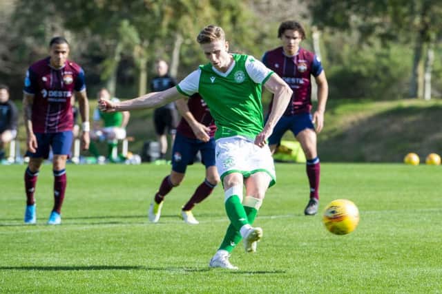 Oli Shaw hits a penalty equaliser against Willem II. The striker also scored a last-minute winner in the match in Sotogrande. Picture: Ross Parker/SNS