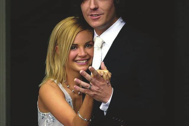 Porter and Hipgrave on their wedding day in Edinburgh 2001