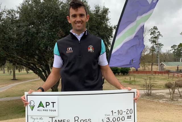 James Ross shows off his cheque after winning on the All Pro Golf Tour in Texas