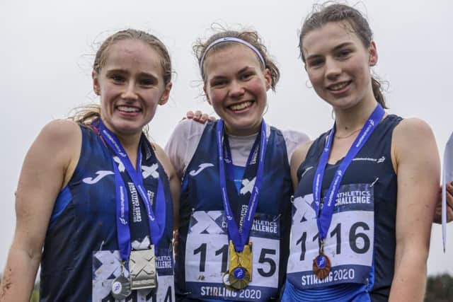 The Scotland U20 team, left to right, Cera Gemmell, Megan Keith and Eloise Walker, won the Home Countries race. Photograph: Bobby Gavin