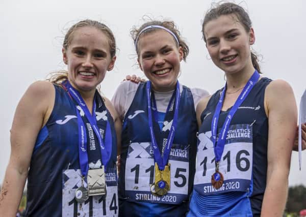 The Scotland U20 team, left to right, Cera Gemmell, Megan Keith and Eloise Walker, won the Home Countries race.  Photograph: Bobby Gavin