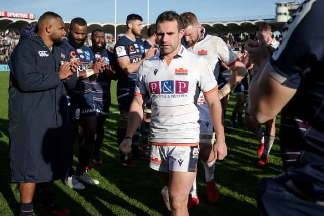 Dejected Edinburgh captain Nic Groom leads his team off the field following their Challenge Cup defeat in France. Picture: Laszlo Geczo/INPHO/Shutterstock
