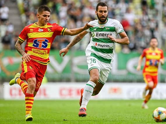 Patryk Klimala (left) in action for Jagiellonia Bialystok against former Hearts defender Blazej Augustyn, now of Lechia Gdansk