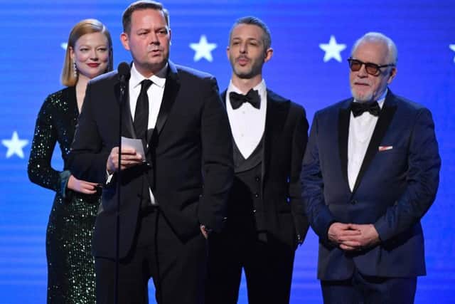 (L-R) Sarah Snook, Kevin Messick, Jeremy Strong, and Brian Cox accept Best Drama Series for 'Succession' onstage during the 25th Annual Critics' Choice Awards.