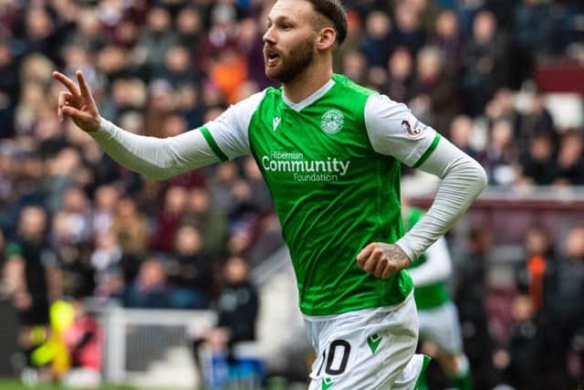 Martin Boyle celebrates scoring against Hearts in last month's Edinburgh derby at Tynecastle